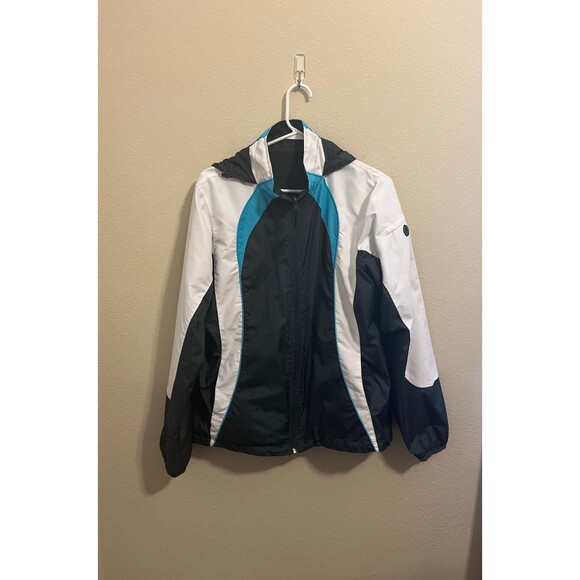 Athletic Works White/Black/ Blue Hooded Windbreaker - Picture 1 of 3